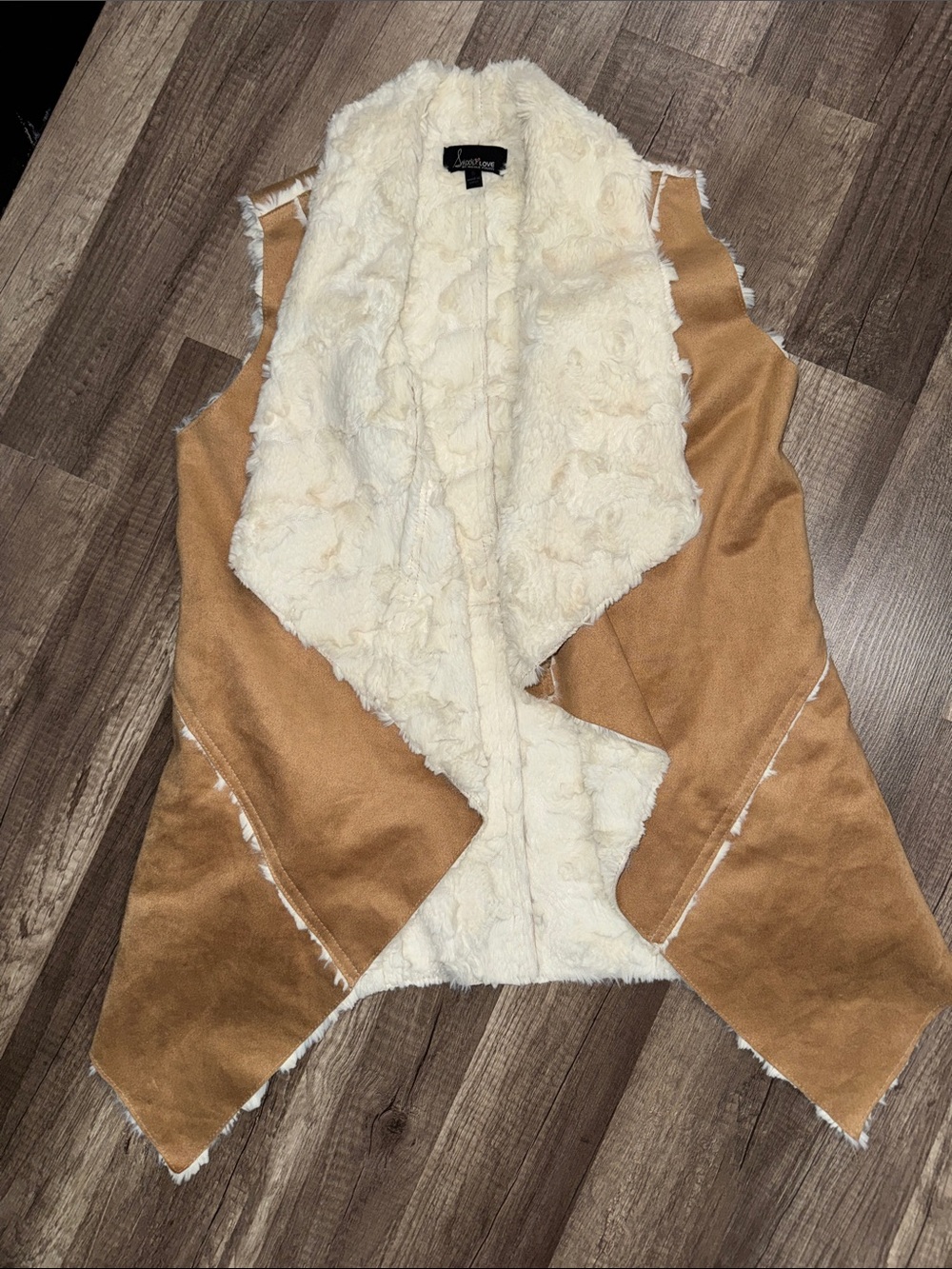 Faux Shearling Open Front Vest - Camel/Off-White